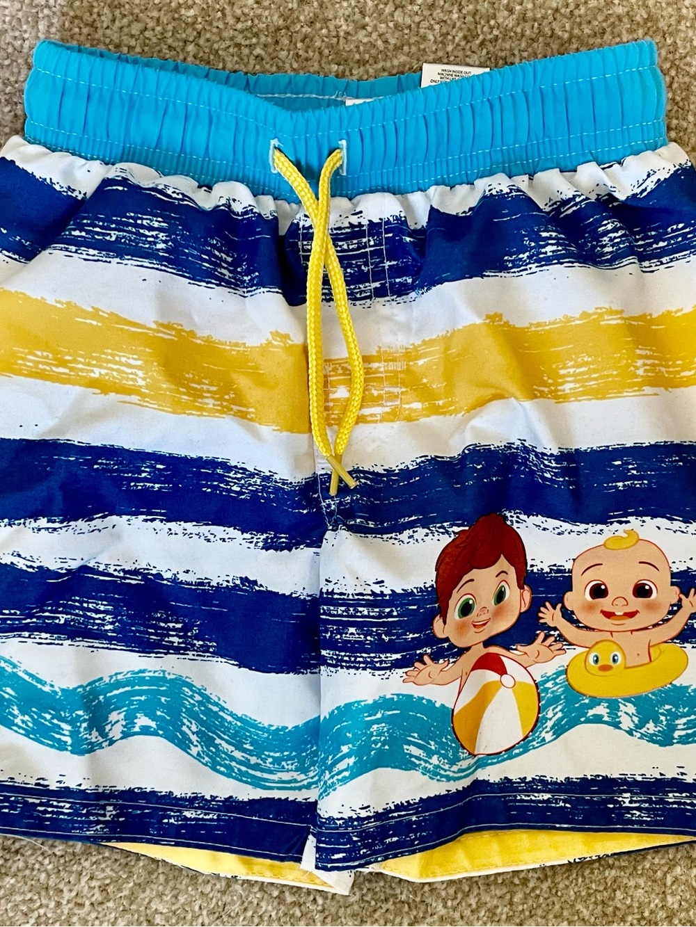 Kids Swim Trunks in Blue, Yellow & White – Cute Beach Print
